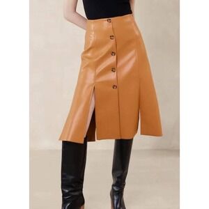 Banana Republic Faux Leather Button Front Midi Skirt Orange Size 2 Slit
